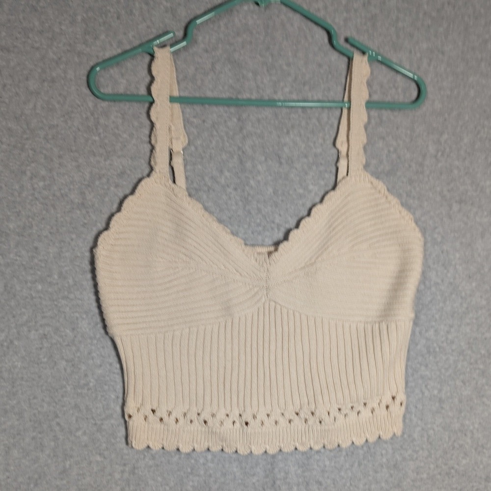 GB Cami Top Women XL Beige Ribbed Knit Scalloped Pointelle Crop Cottagecore Boho